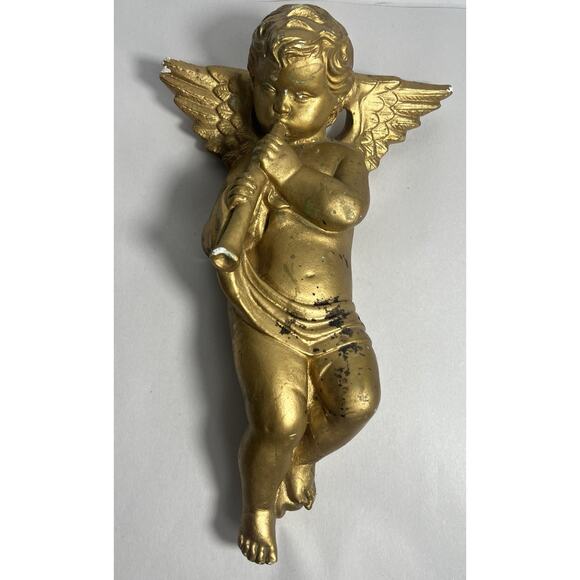 Vintage Chalkware Plaster Cherub Angel Cupid Wall Hanging Figurine Plaque 12in. - Picture 1 of 8